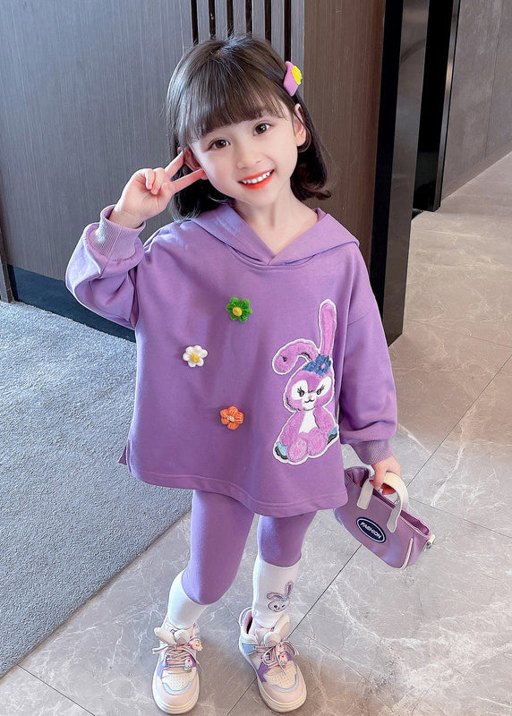 Beautiful Purple Hooded Print Patchwork Cotton Girls Two Pieces Set Fall Ada Fashion