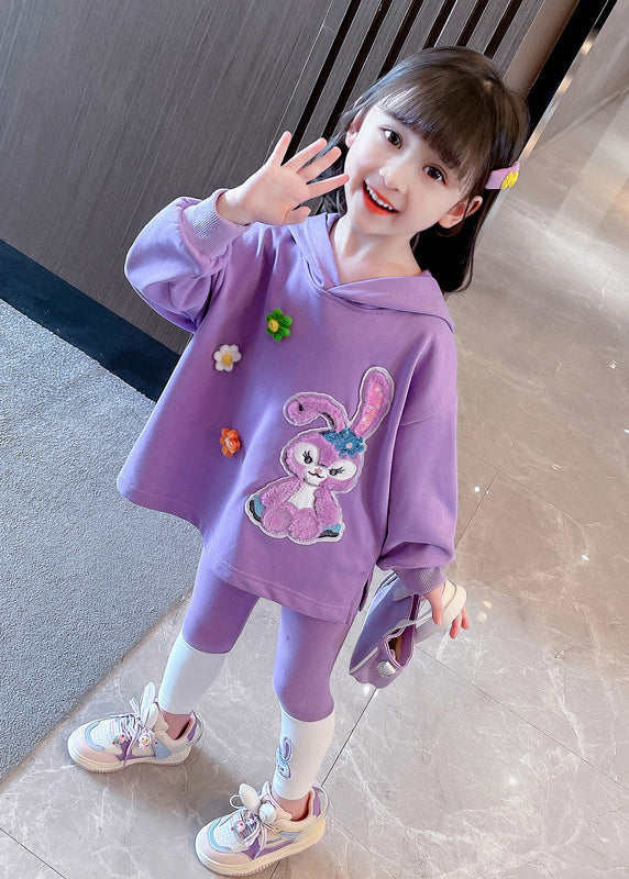 Beautiful Purple Hooded Print Patchwork Cotton Girls Two Pieces Set Fall Ada Fashion