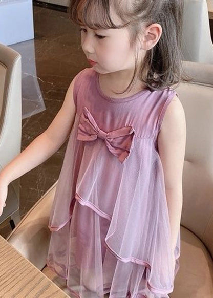 Beautiful Purple O-Neck Bow Patchwork Tulle Girls Mid Dress Sleeveless LY6437 - fabuloryshop