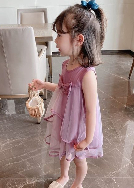 Beautiful Purple O-Neck Bow Patchwork Tulle Girls Mid Dress Sleeveless LY6437 - fabuloryshop