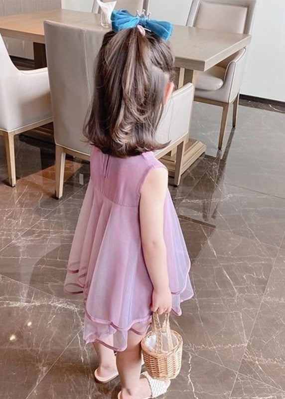 Beautiful Purple O-Neck Bow Patchwork Tulle Girls Mid Dress Sleeveless LY6437 - fabuloryshop