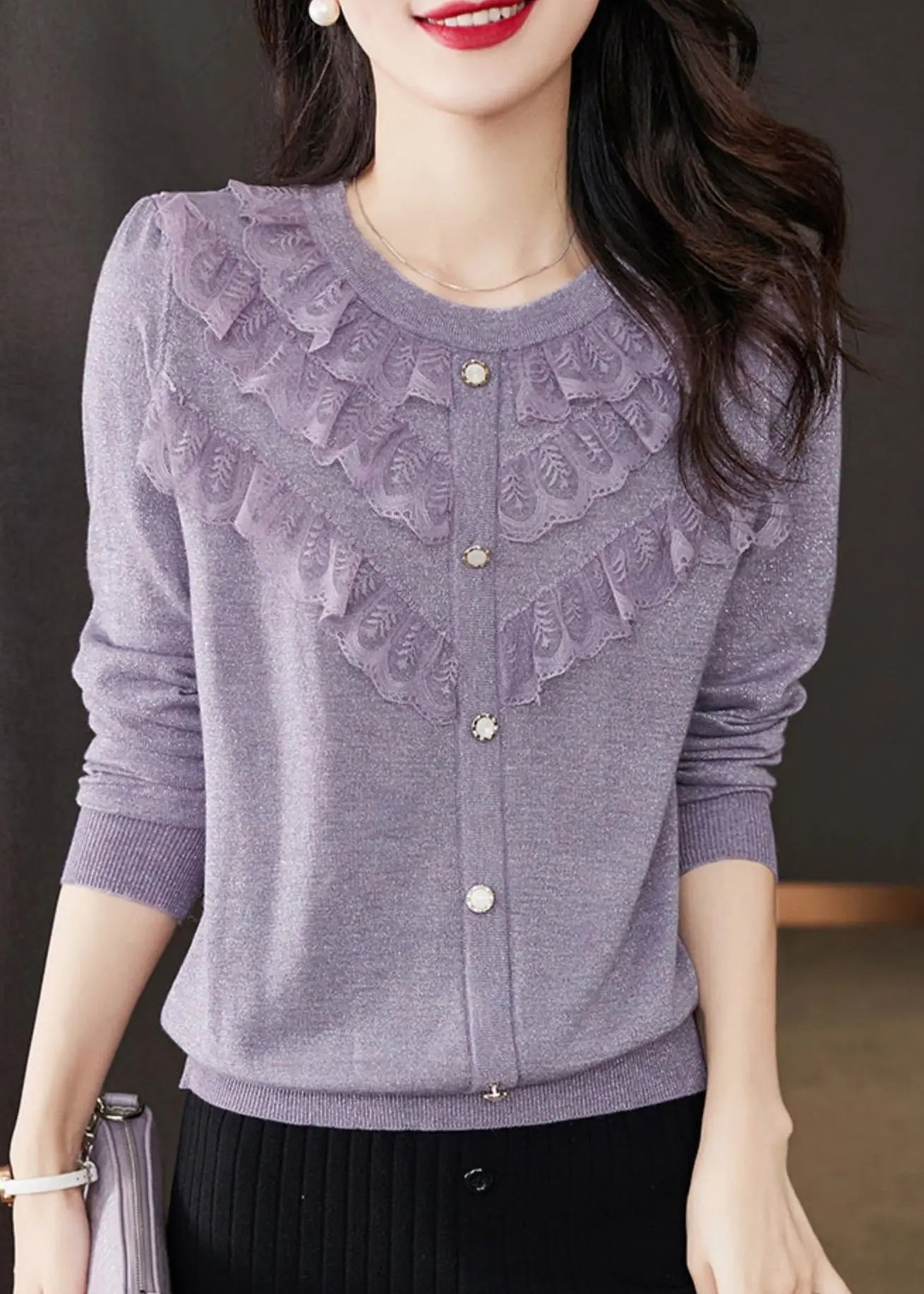 Beautiful Purple O Neck Ruffled Patchwork Knit Tops Fall Ada Fashion