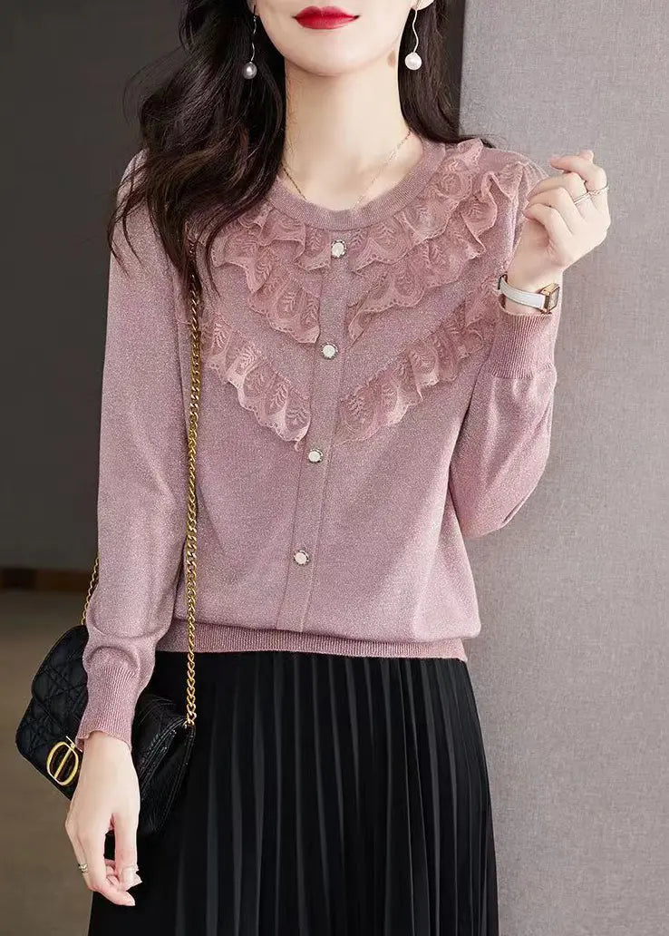 Beautiful Purple O Neck Ruffled Patchwork Knit Tops Fall Ada Fashion