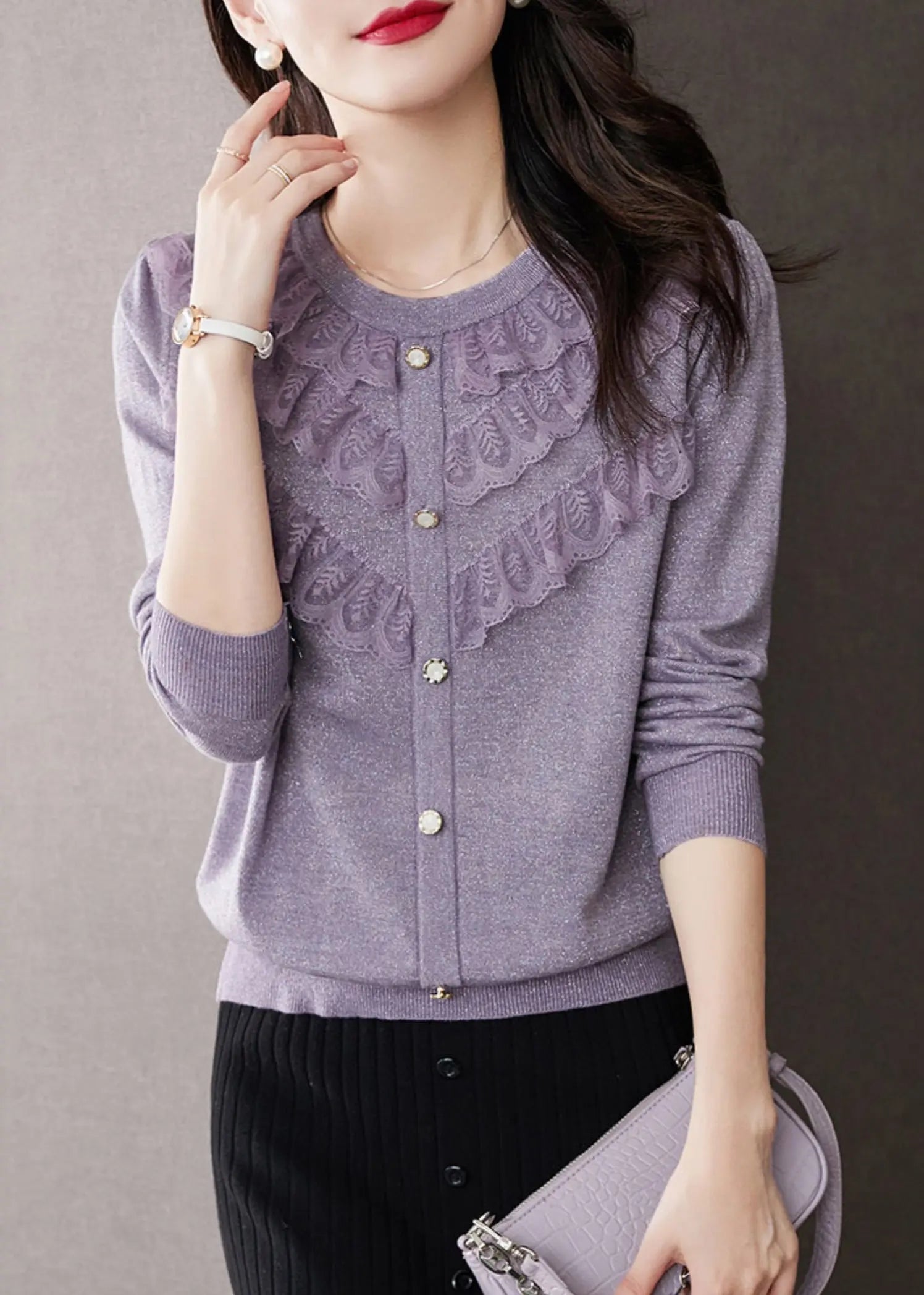 Beautiful Purple O Neck Ruffled Patchwork Knit Tops Fall Ada Fashion