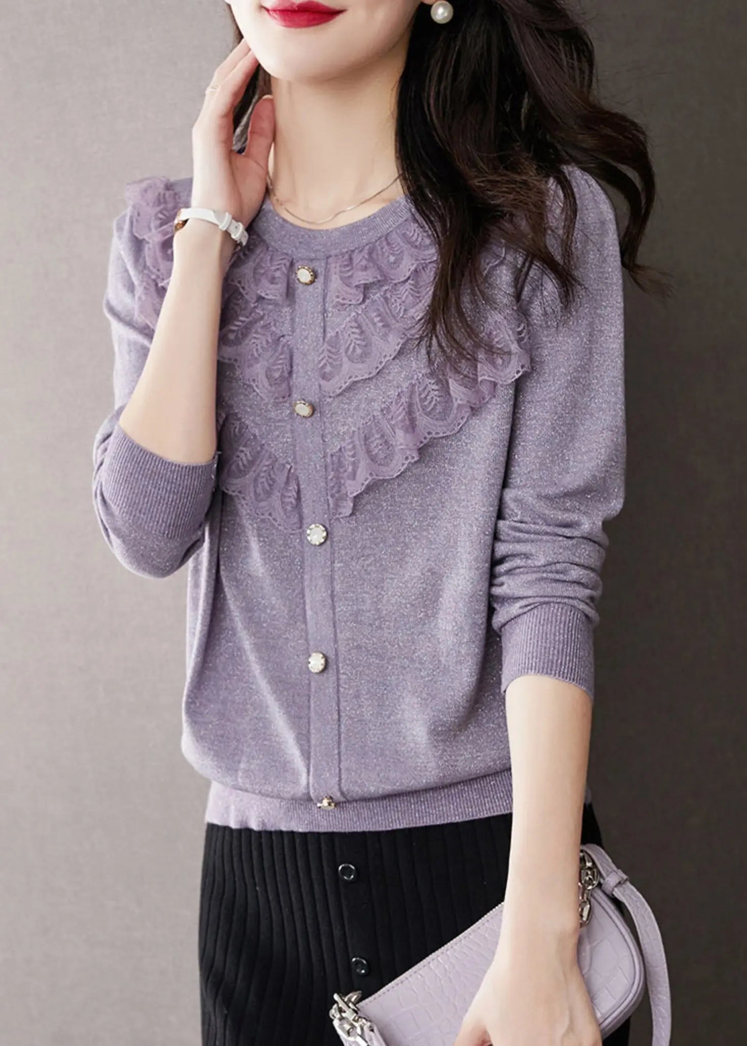 Beautiful Purple O Neck Ruffled Patchwork Knit Tops Fall Ada Fashion