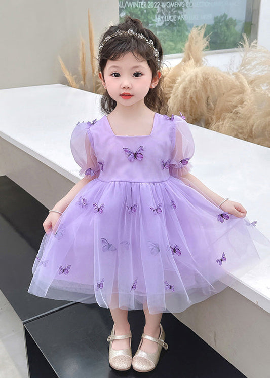 Beautiful Purple Square Collar Floral Solid Tulle Long Dresses Summer LY5470 - fabuloryshop