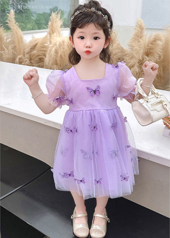 Beautiful Purple Square Collar Floral Solid Tulle Long Dresses Summer LY5470 - fabuloryshop