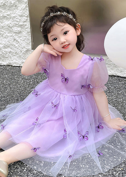 Beautiful Purple Square Collar Floral Solid Tulle Long Dresses Summer LY5470 - fabuloryshop