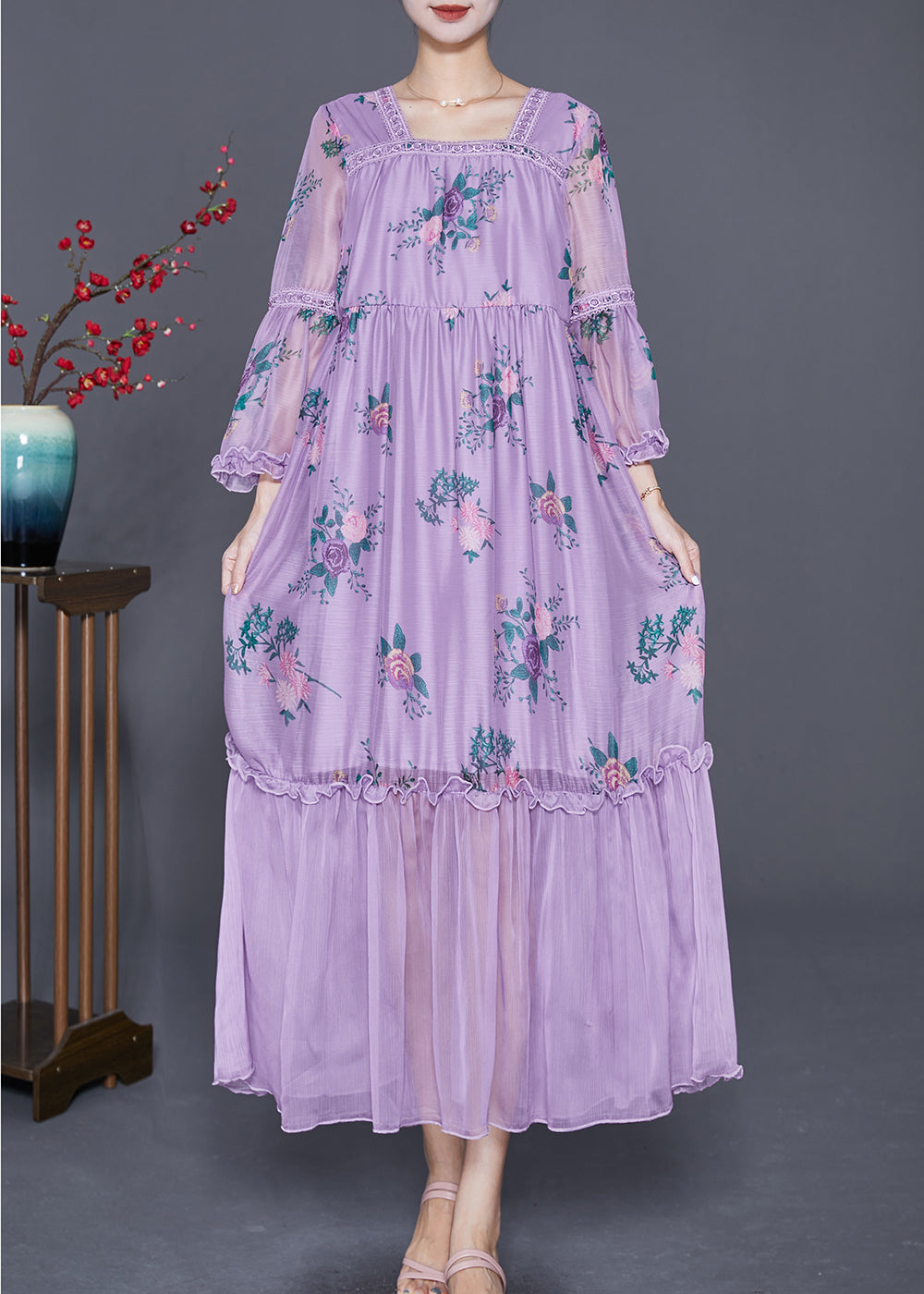 Beautiful Purple Square Collar Patchwork Ruffled Silk Dresses Summer Ada Fashion