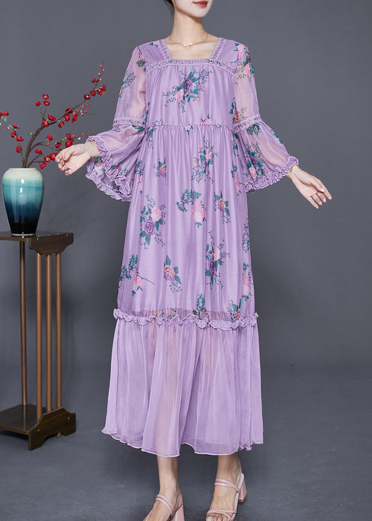 Beautiful Purple Square Collar Patchwork Ruffled Silk Dresses Summer Ada Fashion