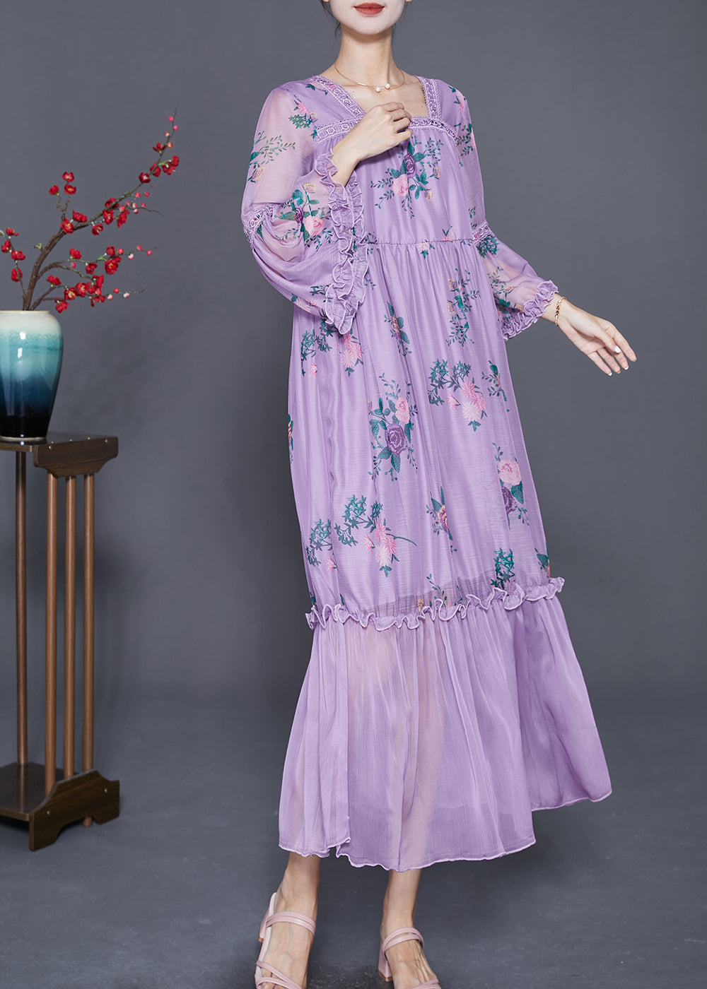 Beautiful Purple Square Collar Patchwork Ruffled Silk Dresses Summer Ada Fashion