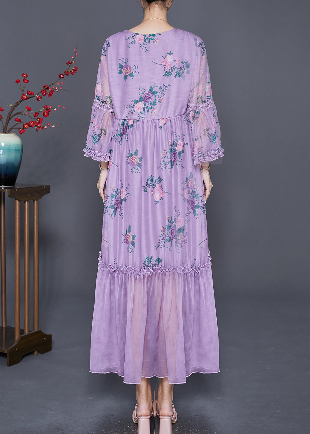 Beautiful Purple Square Collar Patchwork Ruffled Silk Dresses Summer Ada Fashion