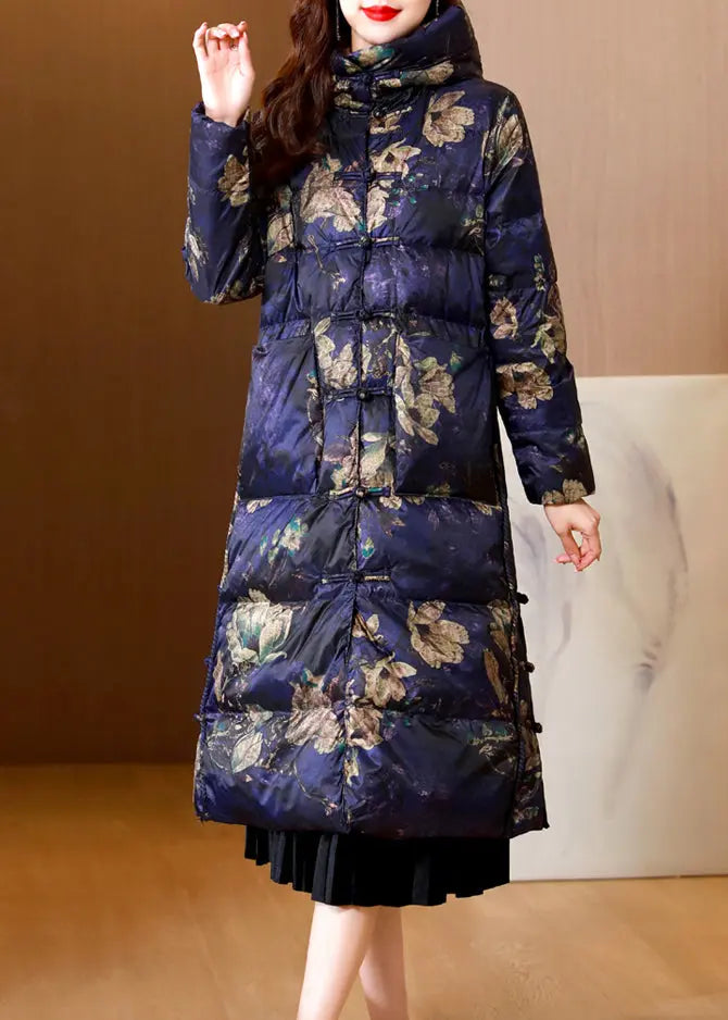 Beautiful Purple Stand Collar Print Chinese Button Duck Down Puffer Coat Winter Ada Fashion