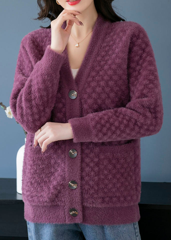 Beautiful Purple V Neck Pockets Patchwork Mink Hair Knitted Coats Fall Ada Fashion