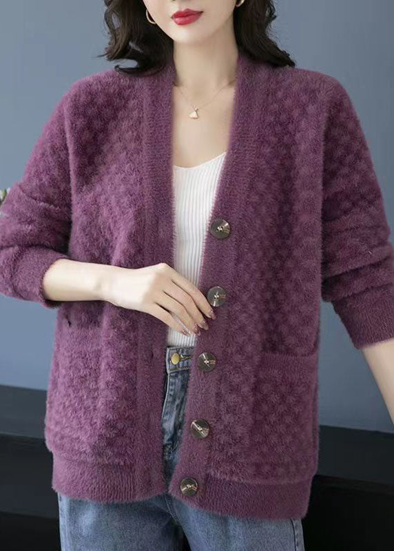 Beautiful Purple V Neck Pockets Patchwork Mink Hair Knitted Coats Fall Ada Fashion