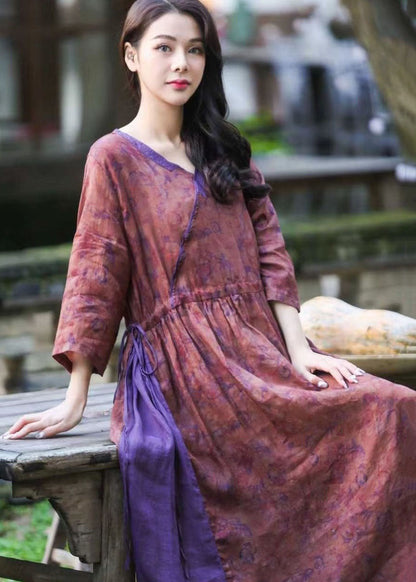 Beautiful Purple V Neck Print Drawstring Patchwork Linen Dresses Summer LY2549 - fabuloryshop