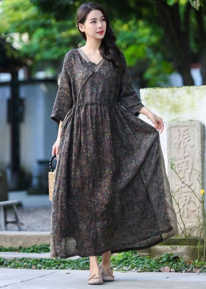 Beautiful Purple V Neck Print Drawstring Patchwork Linen Dresses Summer LY2549 - fabuloryshop