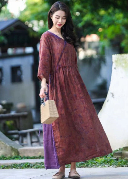 Beautiful Purple V Neck Print Drawstring Patchwork Linen Dresses Summer LY2549 - fabuloryshop