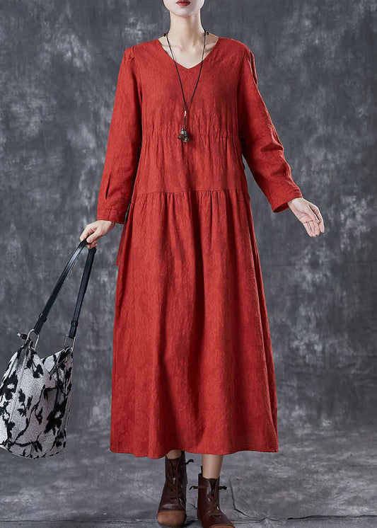 Beautiful Red Cinched Patchwork Linen Dresses Fall Ada Fashion