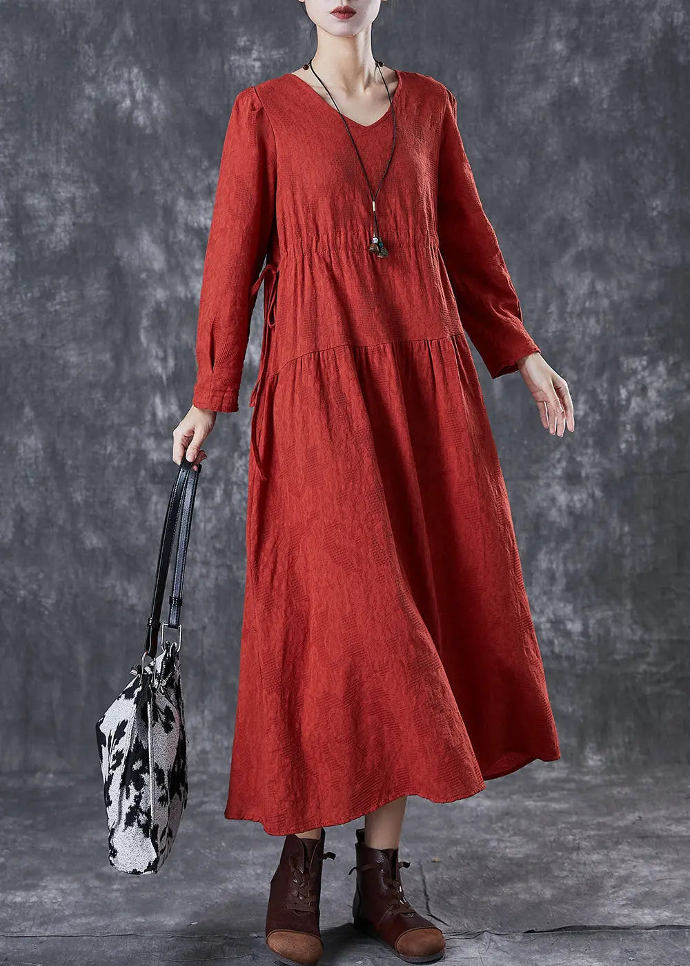 Beautiful Red Cinched Patchwork Linen Dresses Fall Ada Fashion