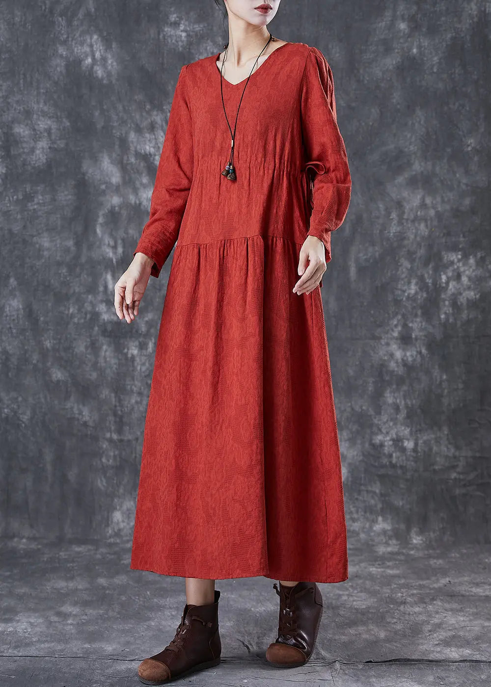 Beautiful Red Cinched Patchwork Linen Dresses Fall Ada Fashion