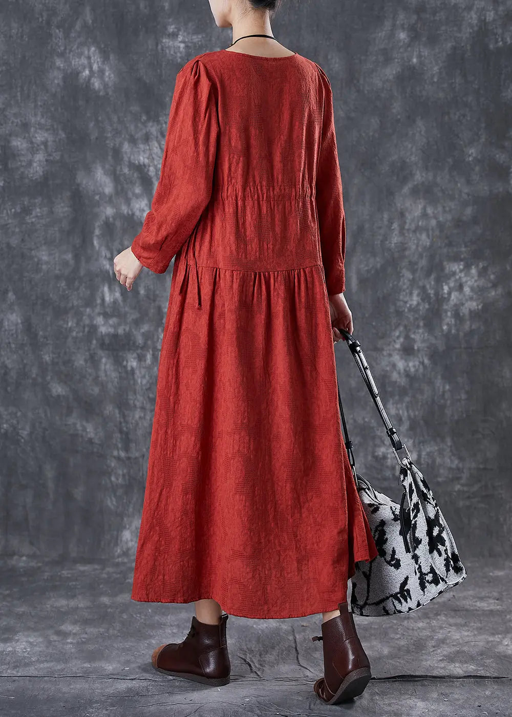 Beautiful Red Cinched Patchwork Linen Dresses Fall Ada Fashion