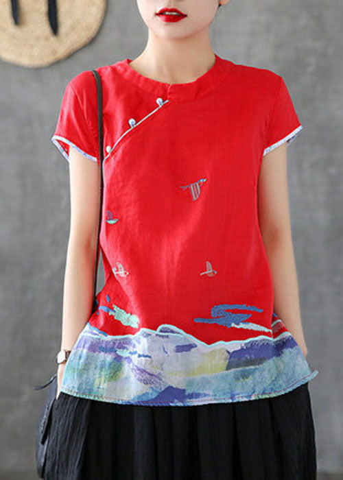 Beautiful Red Embroideried Chinese Button Cotton Tank Short Sleeve TG1008 - fabuloryshop