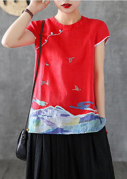 Beautiful Red Embroideried Chinese Button Cotton Tank Short Sleeve TG1008 - fabuloryshop