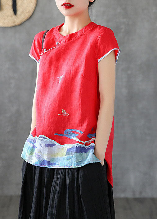 Beautiful Red Embroideried Chinese Button Cotton Tank Short Sleeve TG1008 - fabuloryshop