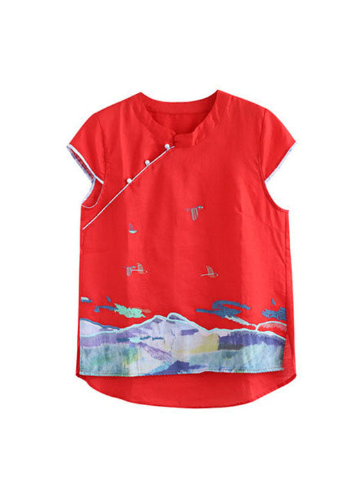 Beautiful Red Embroideried Chinese Button Cotton Tank Short Sleeve TG1008 - fabuloryshop