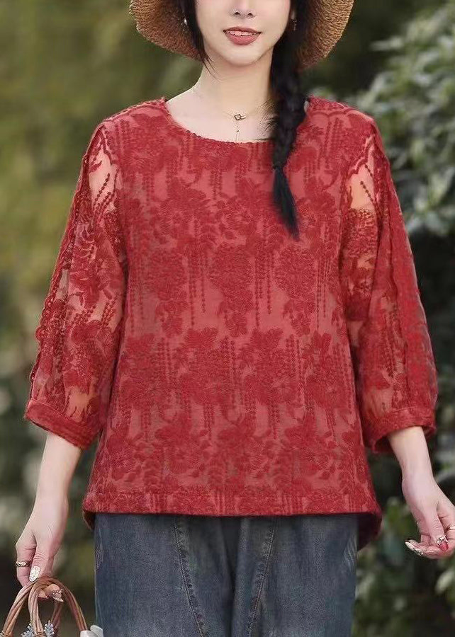 Beautiful Red O Neck Embroideried Lace T Shirt Tops Fall Ada Fashion