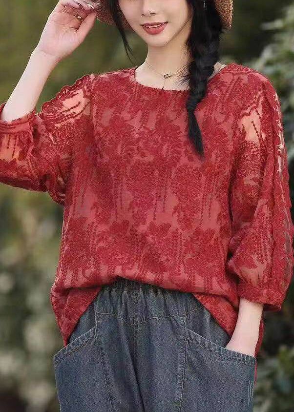 Beautiful Red O Neck Embroideried Lace T Shirt Tops Fall Ada Fashion