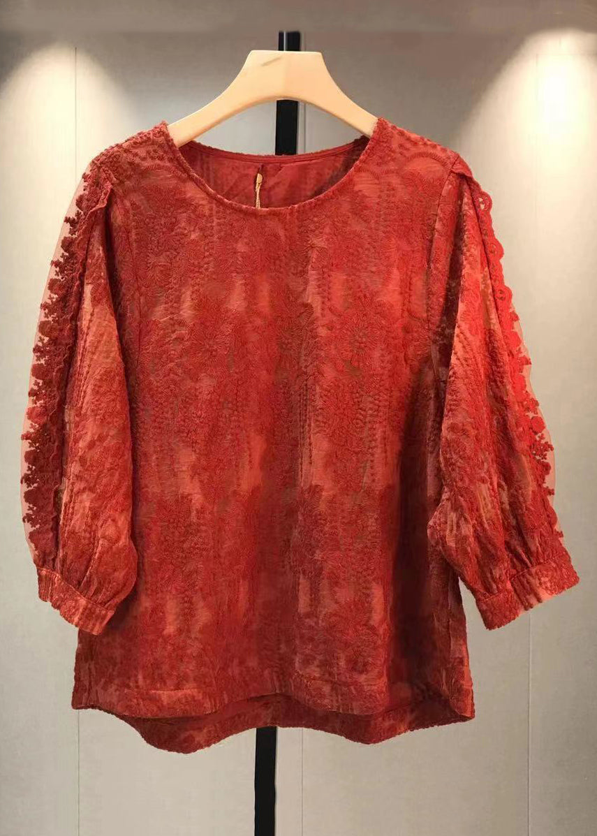 Beautiful Red O Neck Embroideried Lace T Shirt Tops Fall Ada Fashion