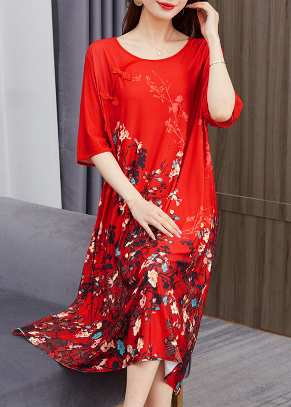 Beautiful Red O Neck Print Chinese Button Patchwork Chiffon Dress Summer Ada Fashion