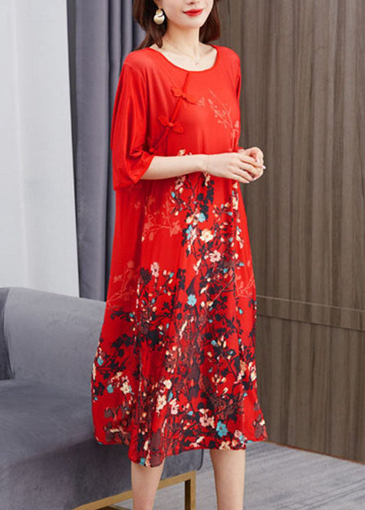 Beautiful Red O Neck Print Chinese Button Patchwork Chiffon Dress Summer Ada Fashion