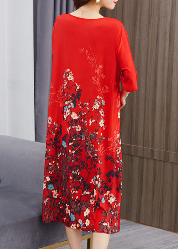 Beautiful Red O Neck Print Chinese Button Patchwork Chiffon Dress Summer Ada Fashion