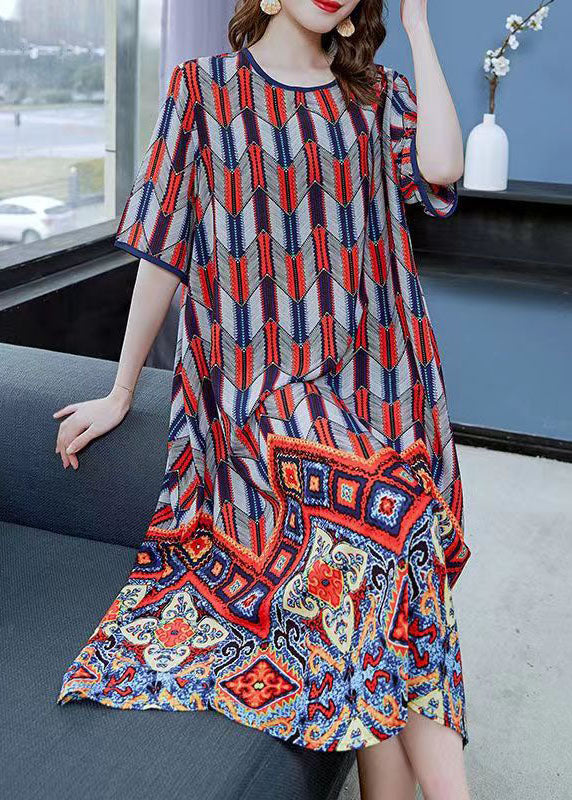 Beautiful Red O Neck Print Patchwork Chiffon Dresses Summer Ada Fashion