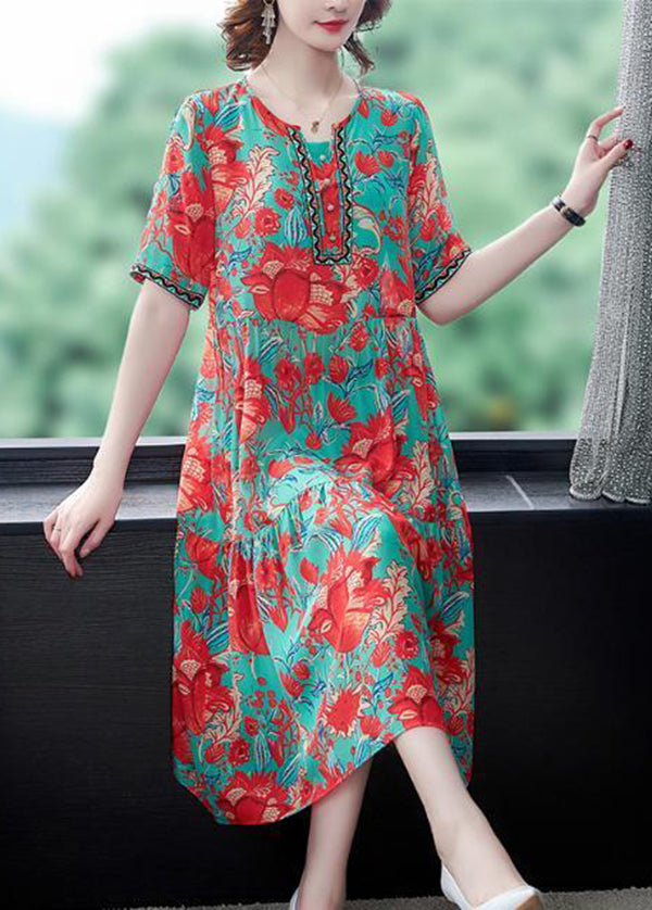 Beautiful Red O-Neck Print Silk Party Dress Summer LY0970 - fabuloryshop