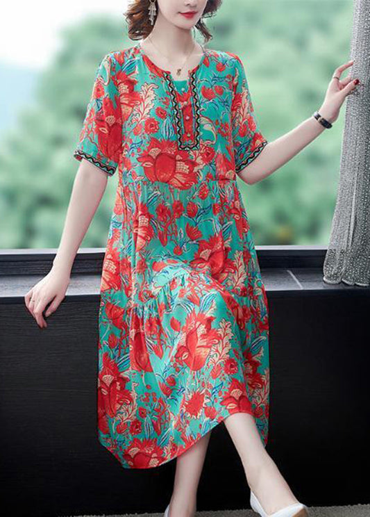 Beautiful Red O-Neck Print Silk Party Dress Summer LY0970 - fabuloryshop