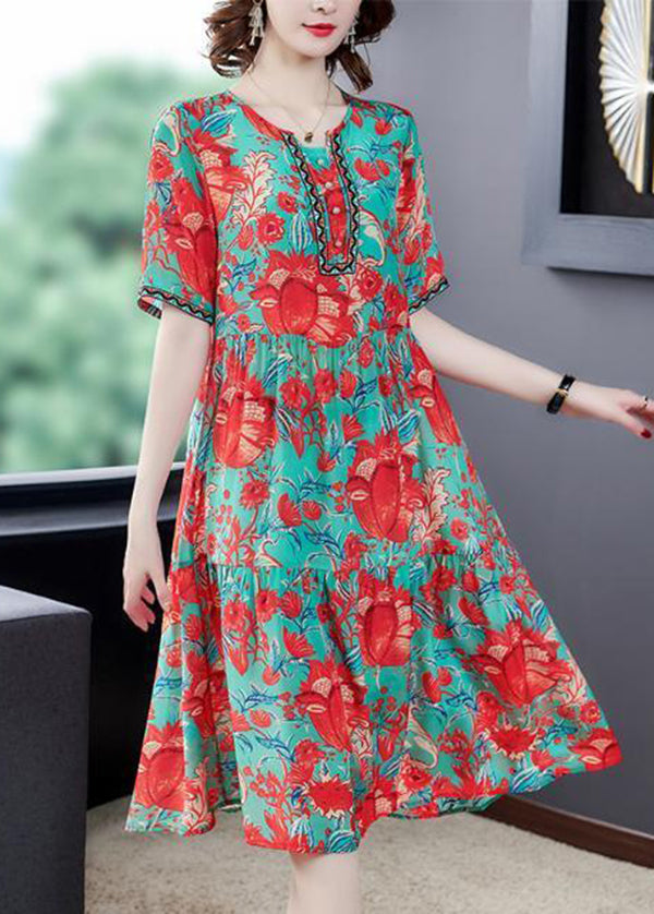 Beautiful Red O-Neck Print Silk Party Dress Summer LY0970 - fabuloryshop