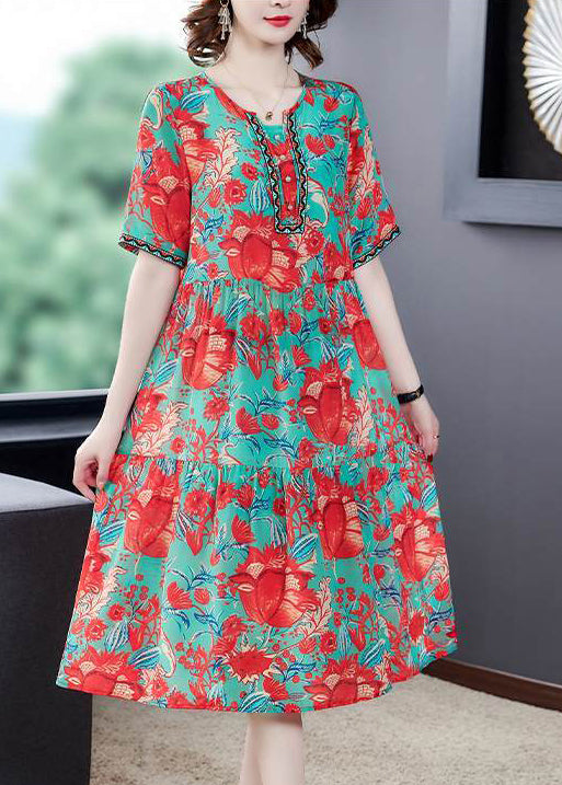 Beautiful Red O-Neck Print Silk Party Dress Summer LY0970 - fabuloryshop