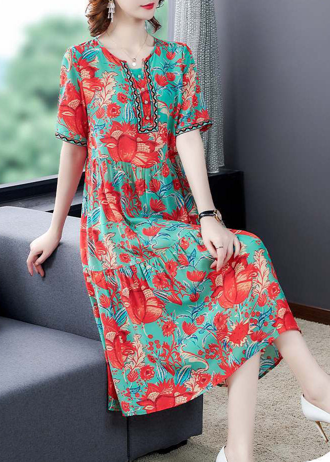 Beautiful Red O-Neck Print Silk Party Dress Summer LY0970 - fabuloryshop