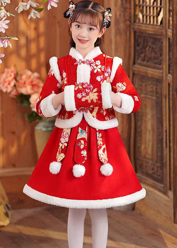 Beautiful Red Print Girls Coats And Skirts Two Pieces Set Long Sleeve Ada Fashion