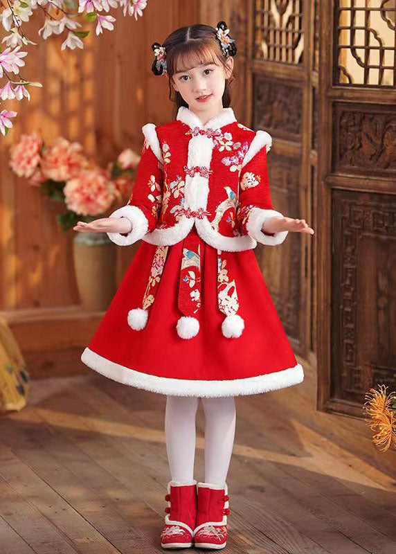 Beautiful Red Print Girls Coats And Skirts Two Pieces Set Long Sleeve Ada Fashion