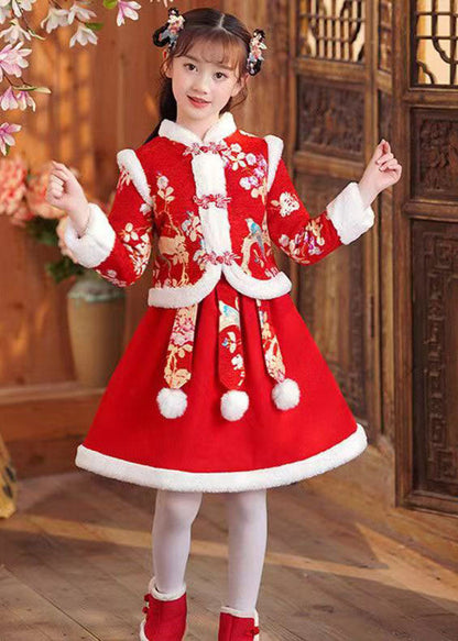 Beautiful Red Print Girls Coats And Skirts Two Pieces Set Long Sleeve Ada Fashion