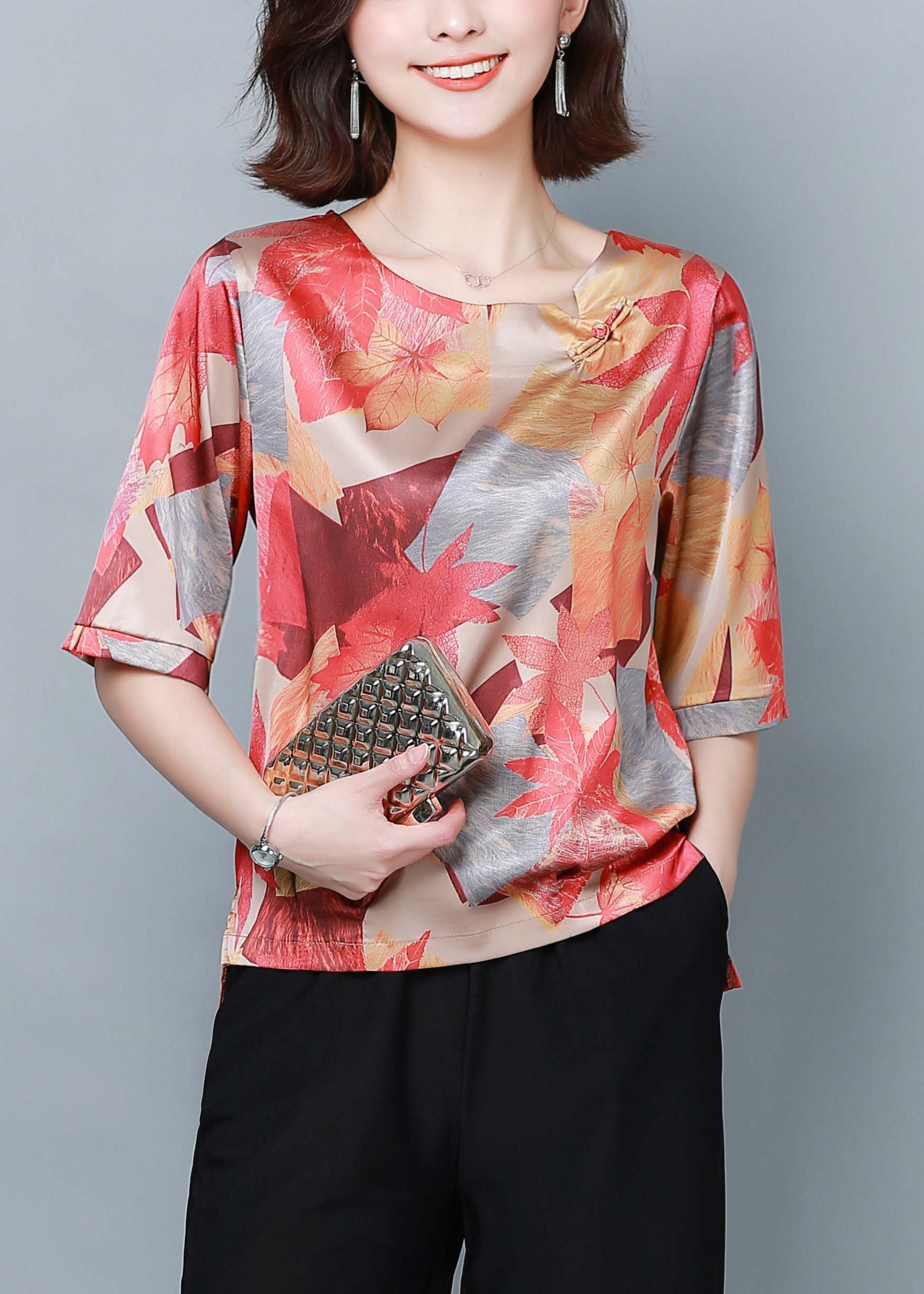 Beautiful Red Print Oversized Low High Design Silk Top Summer LY0449 - fabuloryshop