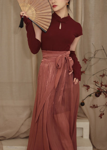 Beautiful Red Stand Collar Button Top And Maxi Skirts Two Piece Set Spring LY2663 - fabuloryshop