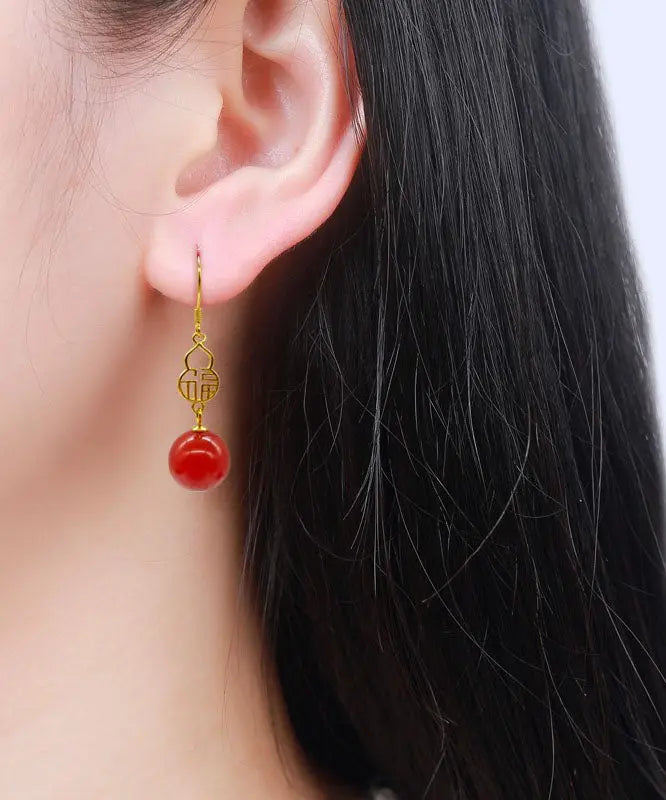 Beautiful Red Sterling Silver Overgild Agate Graphic Drop Earrings Ada Fashion