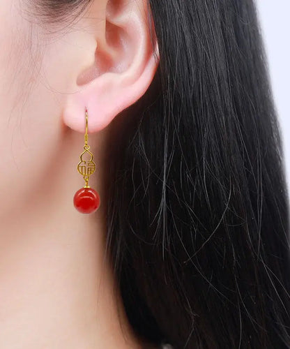 Beautiful Red Sterling Silver Overgild Agate Graphic Drop Earrings Ada Fashion