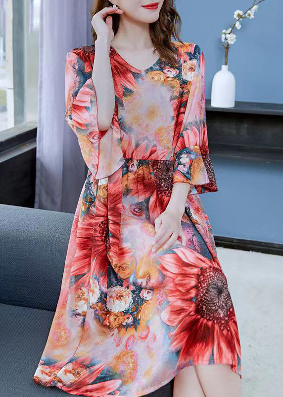 Beautiful Red The Sunflowers Print Patchwork Chiffon Dresses Butterfly Sleeve Ada Fashion